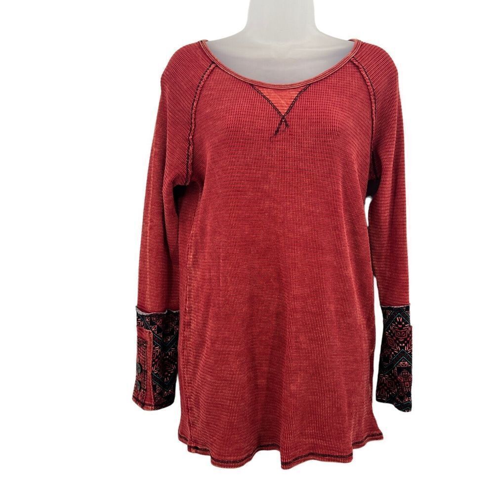 Soft Surroundings Women's Waffle Knit Patchwork Thermal Cuff Top Red XS Boho